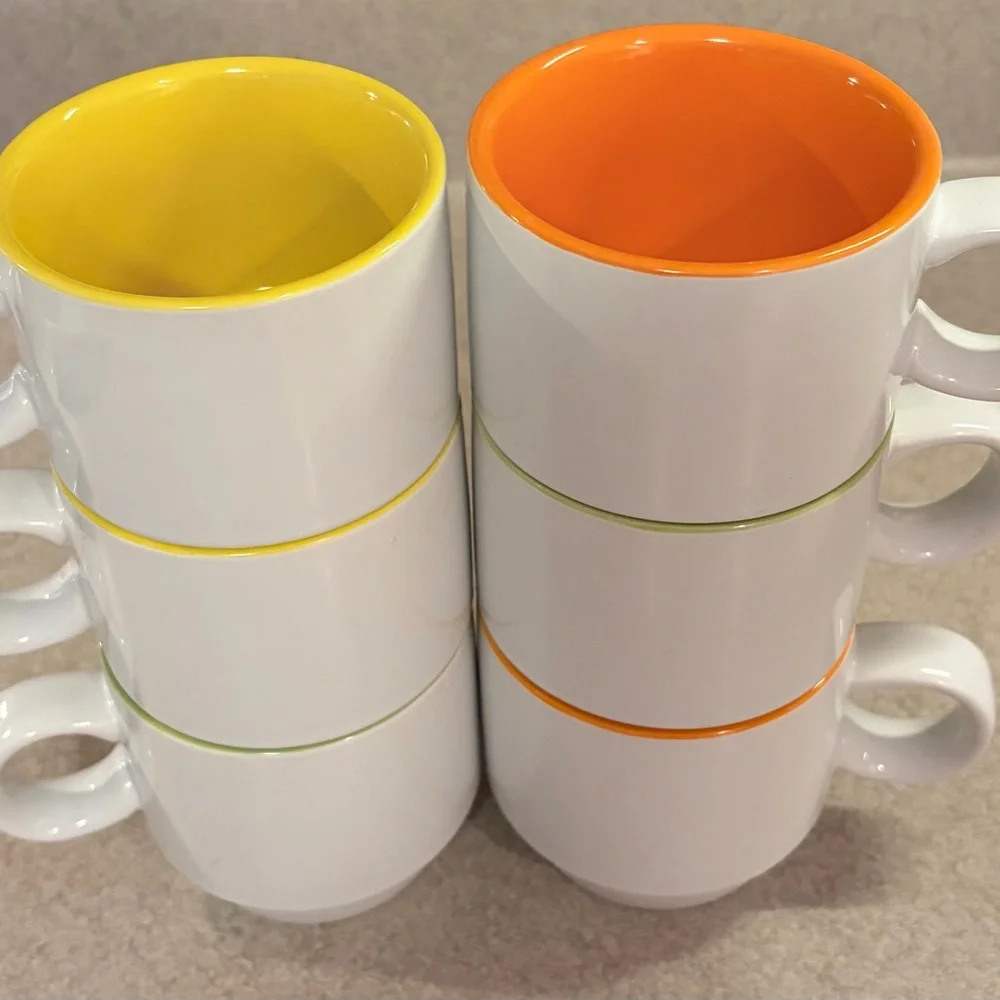 Crate&Barrel Stackable Set of 6 Coffee Cups 8 oz. “Pick Me Up